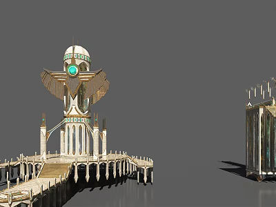 Cartoon Scene Featuring Tower With Wings Green Gem And Long Pier With Columns 3d model