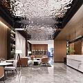 Hotel Lobby Interior Design With Water Ripple Ceiling Wooden Walls Marble Reception And Green Plants