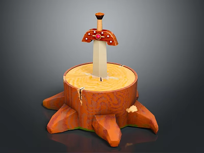 Detailed Sword With Red Hilt Placed On Wooden Tree Stump With Ring Texture 3d model
