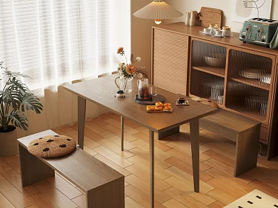 Wooden Dining Table Set with Benches Vase Flowers Potted Plant and Window Blinds 3d model