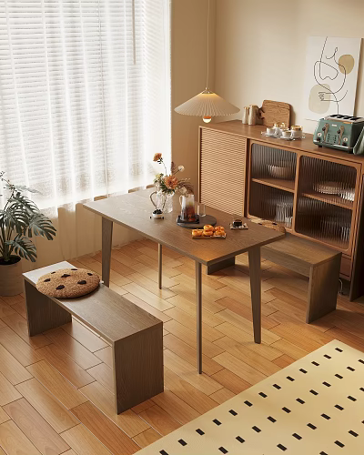 Wooden Dining Table Set with Benches Vase Flowers Potted Plant and Window Blinds 3d model