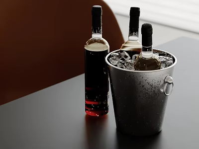 Decorative Wine Bottles And Metal Ice Bucket Set With Ice On Black Table 3d model