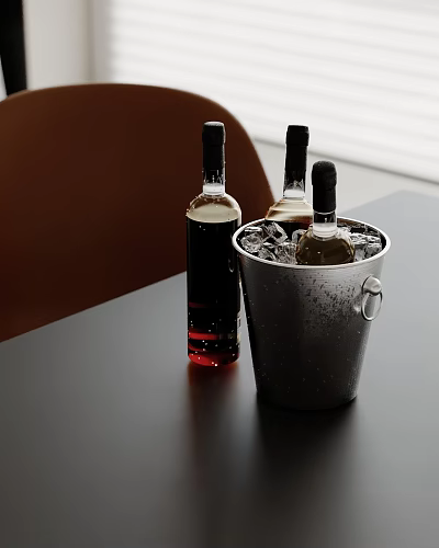 Decorative Wine Bottles And Metal Ice Bucket Set With Ice On Black Table 3d model