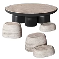 Minimalist Modern Round Stone Coffee Table With Black Base And Four Matching Stools 3d model