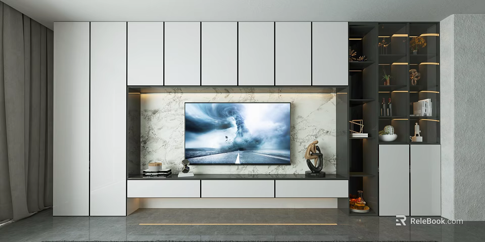 Modern TV Background Cabinet With Mounted TV Marble Backdrop And White Storage Cabinets 3d model 