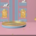 Pink Blue Striped Background With Golden Arches Circular Platform Cloud Decorations And Balls