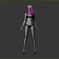 A woman with pink hair wearing black bikini standing against gray background