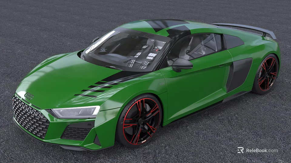 Green Sleek Sports Car With Black Stripes Red Rims And Aerodynamic Design 3d model 