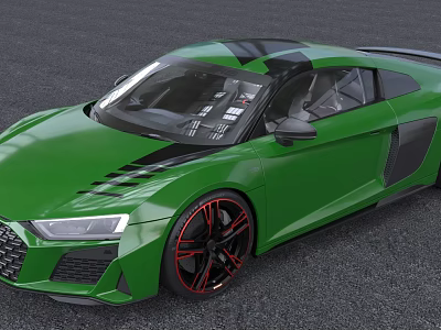 Green Sleek Sports Car With Black Stripes Red Rims And Aerodynamic Design 3d model