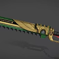 Green And Gold Decorative Chainsaw With Black Grip Chain And Metal Badge