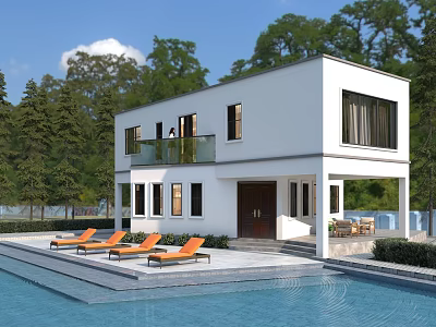 Modern White Two Story Detached Villa With Swimming Pool And Lounge Chairs 3d model