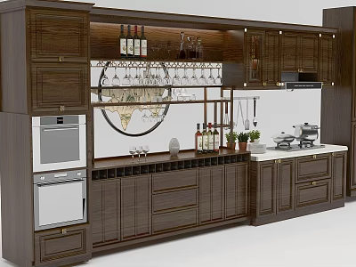 Modern Dark Wooden Kitchen Cabinets Interior Design With Wine Rack And Built-in Appliances 3d model