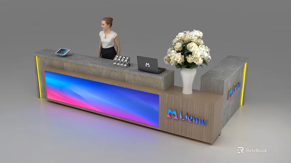 Modern Wooden Reception Desk With Colorful LED Lights Laptop White Flower Bouquet And Leme Logo 3d model 