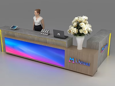 Modern Wooden Reception Desk With Colorful LED Lights Laptop White Flower Bouquet And Leme Logo 3d model