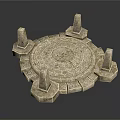 Ancient Circular Stone Platform With Surrounding Stone Pillars And Glowing Blue Runes