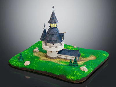 Cartoon Castle Scene With Black Roof White Walls Green Grass Pine Trees And Stones 3d model
