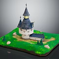 Cartoon Castle Scene With Black Roof White Walls Green Grass Pine Trees And Stones