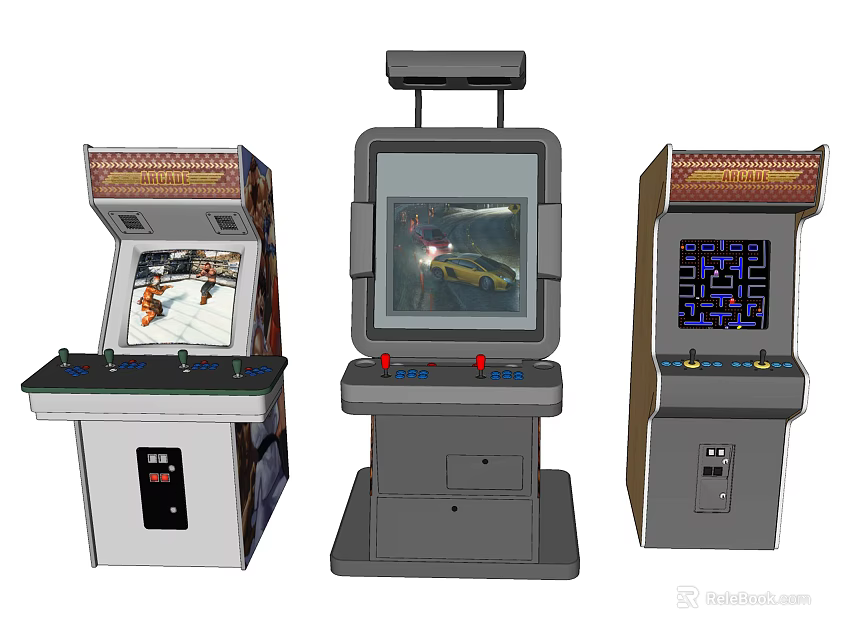 Classic Retro Arcade Machines As Entertainment Appliances With Various Game Screens 3d model 