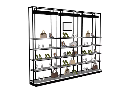 Retail Display Shelf Featuring Organized Shoes and Bags on Multiple Layers 3d model