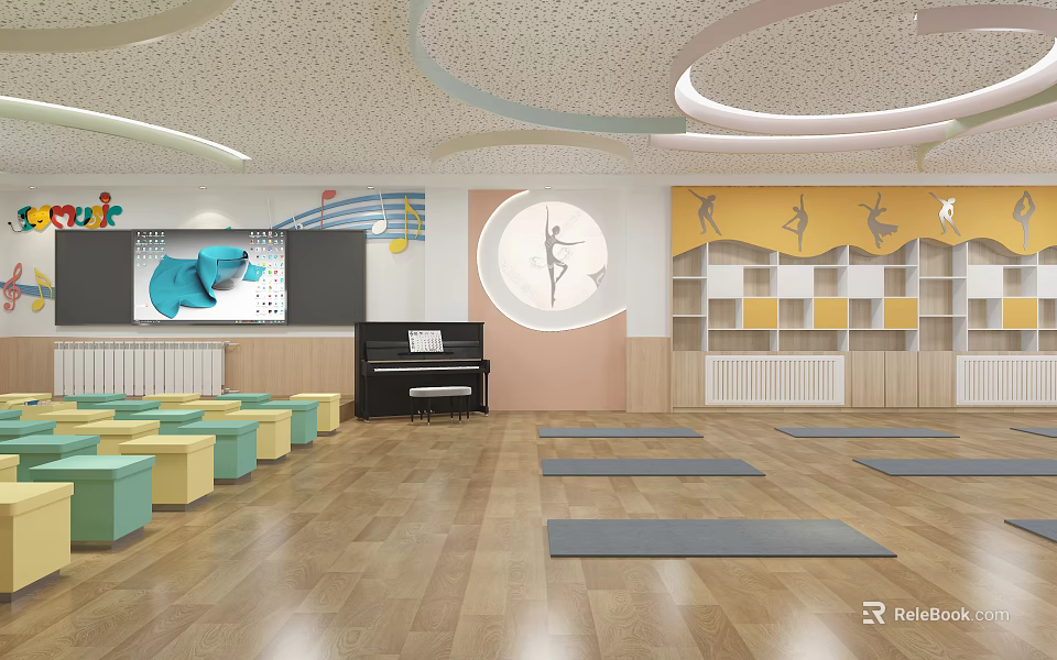 School Activity Room Interior With Piano Yoga Mats Colorful Stools And Bookshelves 3d model 