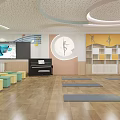 School Activity Room Interior With Piano Yoga Mats Colorful Stools And Bookshelves