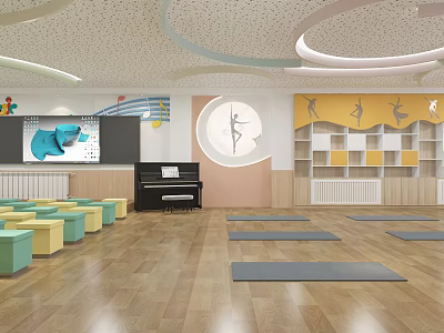 School Activity Room Interior With Piano Yoga Mats Colorful Stools And Bookshelves 3d model