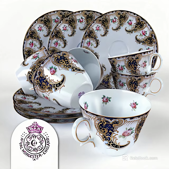 Elegant Tableware Set with Gold Scroll Patterns and Pink Floral Designs including Teacups and Saucers 3d model