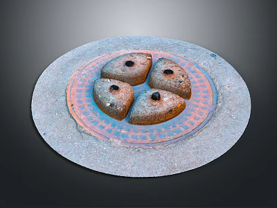 Circular Concrete Manhole Cover With Four Stone Blocks And Ring Pattern 3d model