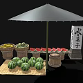 Fresh Colorful Fruit Stall Display With Watermelon Slices Lemons Cucumbers And Wooden Baskets Under Umbrella
