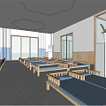 Bright Spacious Kindergarten Classroom With Wooden Tables Chairs Blackboard Large Windows And Storage Cabinets