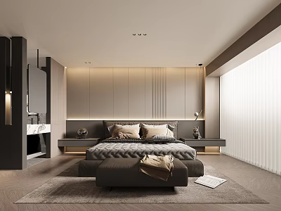 Modern Bedroom Interior With Upholstered Bed Area Rug Nightstands And Floor To Ceiling Windows 3d model
