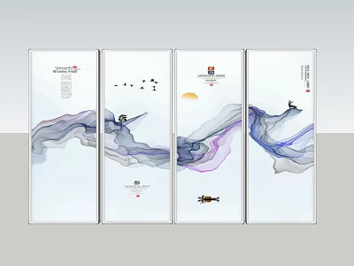 Chinese Ink Painting Style Wall Art With Mountains Clouds And Figures For Home Decor 3d model