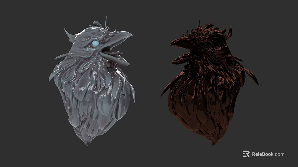 Flying Animal Head Art Models with Feather Texture in Gray and Dark Brown Colors 3d model 