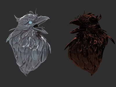 Flying Animal Head Art Models with Feather Texture in Gray and Dark Brown Colors 3d model