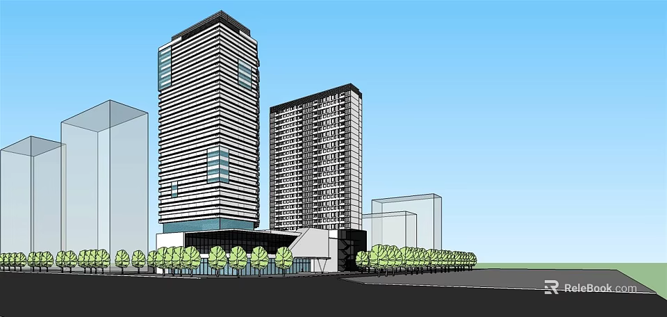 Modern High Rise Hotel Building With Glass Facade And Surrounding Trees In Urban Setting 3d model 