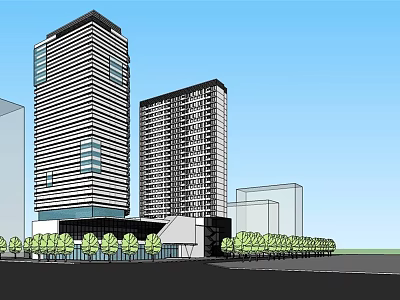 Modern High Rise Hotel Building With Glass Facade And Surrounding Trees In Urban Setting 3d model