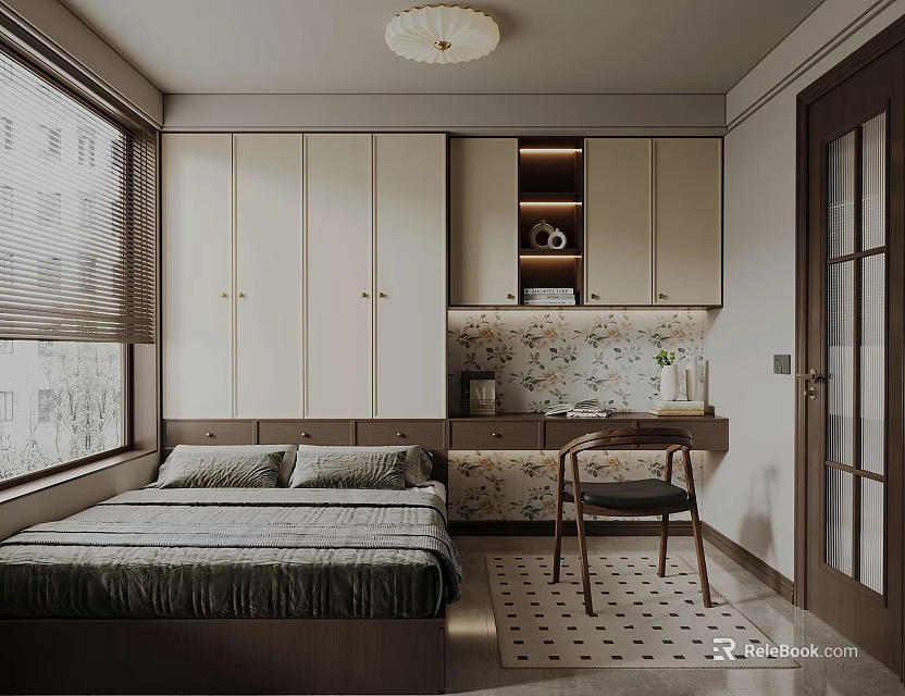 Tatami Bedroom Interior Design With Built in Cabinets Study Desk and Large Window 3d model 