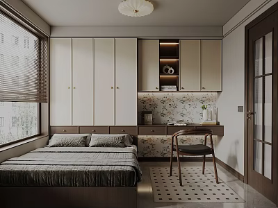 Tatami Bedroom Interior Design With Built in Cabinets Study Desk and Large Window 3d model