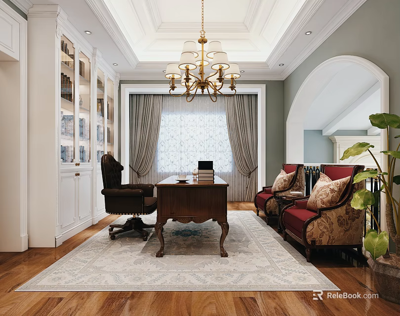 Elegant Study Room Interior Design With Wooden Desk Leather Chair Red Armchairs And Chandelier 3d model 