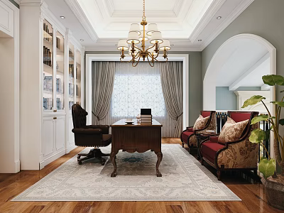 Elegant Study Room Interior Design With Wooden Desk Leather Chair Red Armchairs And Chandelier 3d model