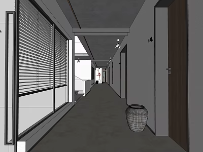 Long Office Hallway With Window Blinds Wooden Doors And Concrete Floor 3d model