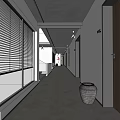 Long Office Hallway With Window Blinds Wooden Doors And Concrete Floor