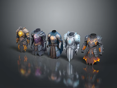 Five Diverse Fantasy Armor Sets Featuring Detailed Patterns And Metallic Finishes 3d model