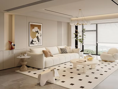 Modern Living Room Interior With White Sofa Checkered Rug Chandelier Decorative Artwork And Coffee Table 3d model