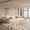 Modern Living Room Interior With White Sofa Checkered Rug Chandelier Decorative Artwork And Coffee Table