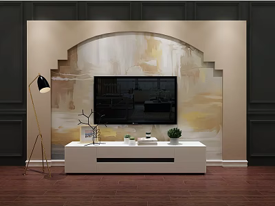 Artistic TV Wall Design with Arched Mural Beige Gold Tones White Stand and Decorative Plants 3d model
