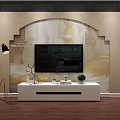 Artistic TV Wall Design with Arched Mural Beige Gold Tones White Stand and Decorative Plants