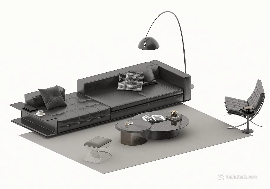 Modern Sofa Coffee Table Set With Plush Pillows Floor Lamp Armchair And Rug 3d model 