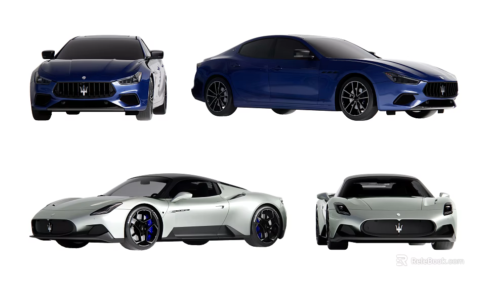 Maserati Luxury Cars Front Side Rear Views Blue Sedan Silver Sports Models 3d model 