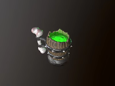 Wooden Barrel Shaped Cup With Green Liquid And White Mushroom Decorations 3d model